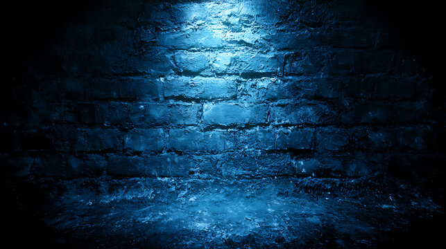 A textured brick wall is illuminated by a single spotlight in a dark moody setting