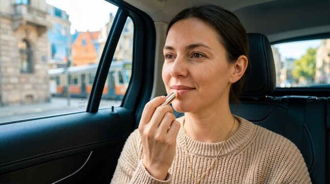 Woman applying lip balm in the back seat of a car. Female passenger using lipstick during commute. Daily beauty routine in vehicle