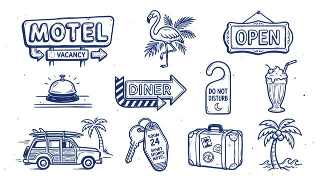 Set of hand drawn travel and motel vacation elements with signs palm trees suitcase car and vintage diner icons