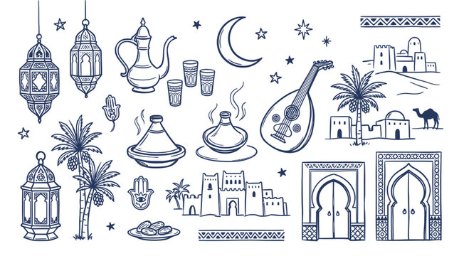 Set of hand drawn Ramadan Kareem elements featuring lanterns moon palm trees tajine food and arabic traditional icons