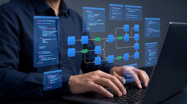 Programmer working on laptop with holographic flowcharts and code
