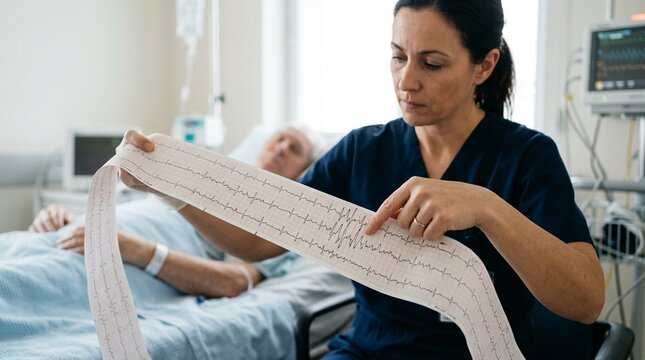 Nurse reviewing an ECG tracing printout for abnormal rhythm patterns at a bedside