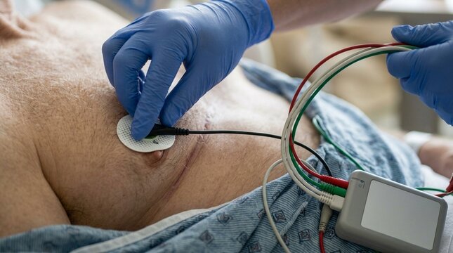 Nurse attaching a portable Holter monitor device to a patient for a twenty-four hour ECG recording