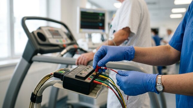 Nurse setting up a stress test ECG monitoring system before a treadmill cardiac examination