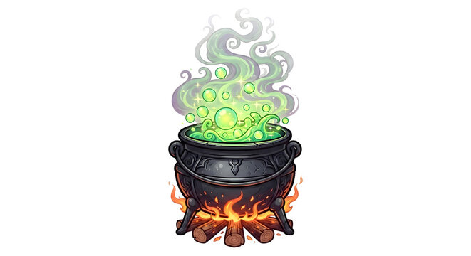 Magic witch cauldron with bubbling green potion, smoke, and fire for Halloween illustration