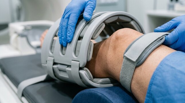 MRI receiver coil being positioned around a patient knee before a scan
