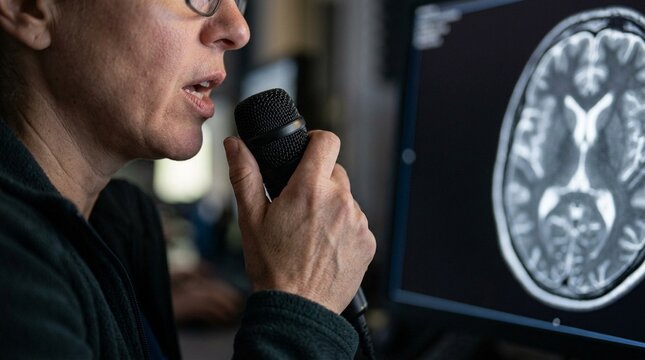 Radiologist dictating findings into a microphone while reviewing an MRI image on a diagnostic monitor
