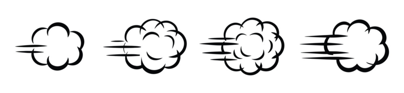 Comic, fart cloud icon set featuring funny stink smoke, gas explosion, flatulence cartoon symbols, humorous effects, playful expressions, and vector design.