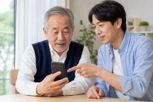 シニアの父親のスマートフォン安全設定を手伝う日本人男性