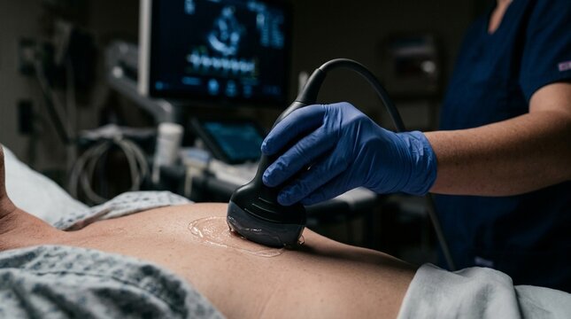Sonographer performing a cardiac ultrasound examination using a specialized cardiac transducer probe