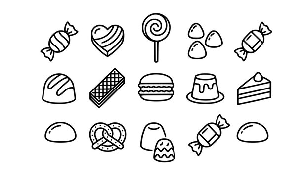 Sweet Treats and Candy Editable Outline Vector Icon Collection with Chocolate Lollipop and Desserts