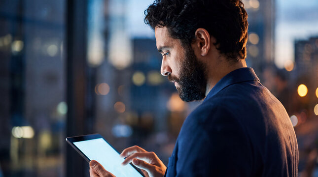 Man using a tablet computer while standing in a modern office at night