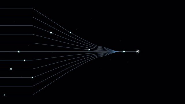 Minimalist digital data convergence animation with converging white light particles and linear motion paths on a alpha chanel 4K animation