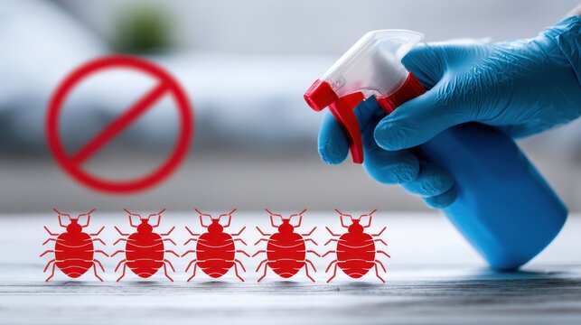 Hand in blue glove holding spray bottle for pest control with red bedbug icons and no pest symbol in a blurred indoor setting