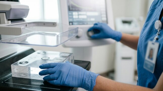 Biomedical technician performing a routine quality assurance test on a mammography unit