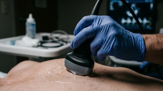 Cardiac ultrasound transducer positioned against a patient chest during an echocardiogram