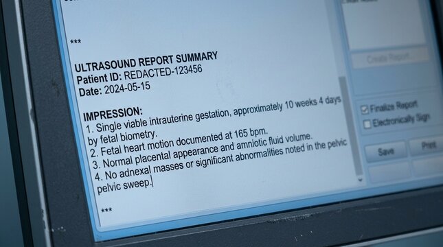 Final ultrasound report summary being completed on a workstation screen