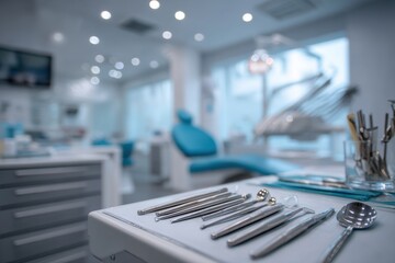 Obraz premium Dental clinic interior featuring a tray of dental instruments in the foreground with a dental chair and equipment visible in the background