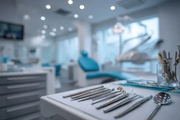 Dental clinic interior featuring a tray of dental instruments in the foreground with a dental chair and equipment visible in the background © standret