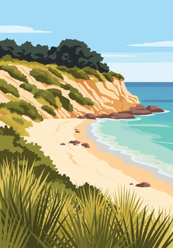 Scenic coastal landscape illustration featuring a sandy beach nestled against a grassy cliff and turquoise ocean waves under a clear blue sky