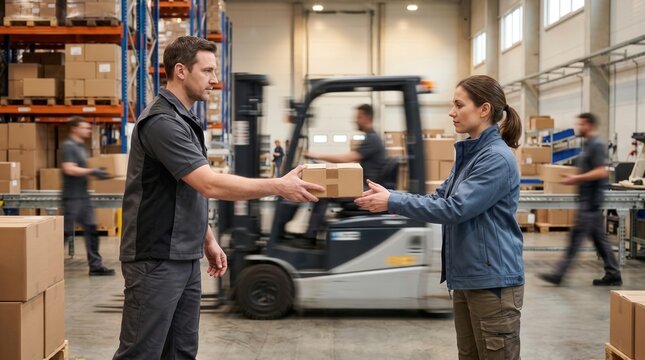 Professional warehouse employees carefully exchanging a small cardboard parcel while working together in a bustling industrial facility filled with heavy machinery and diverse shipping inventory