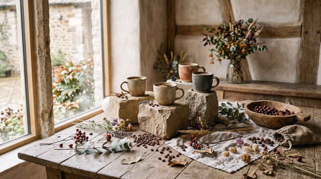 handcrafted ceramic coffee cups displayed on sculptural stone podiums surrounded by coffee beans, dried botanicals, and soft natural shadows for luxury branding , copy space, International Coffee Day