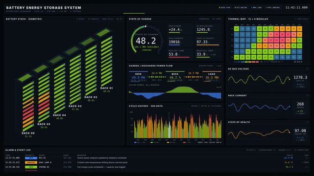 Explore a detailed Battery Energy Storage System dashboard with vibrant colors and animations showcasing charge levels, power flow, and thermal mapping for efficient energy management.