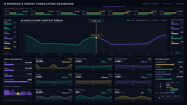 Explore a vibrant renewable energy forecasting dashboard featuring multi-band charts and real-time weather input sliders for enhanced predictive analysis and energy management.