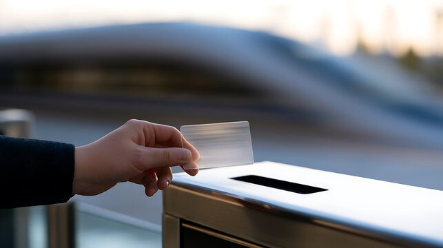 A person hand hold plastic smart card access control scanner gate transport station commute travel ticket pay check transit rapid train line