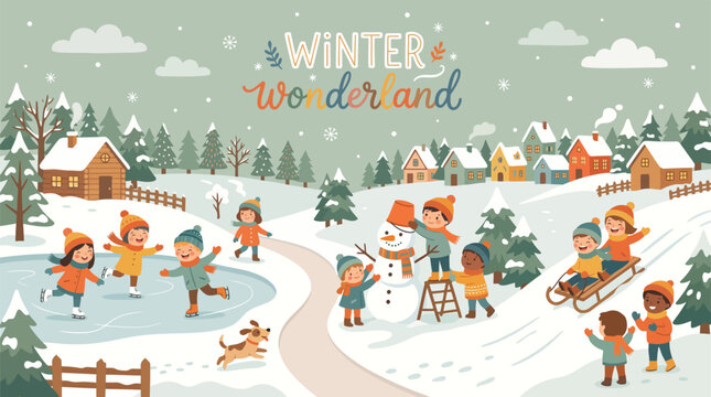 Winter wonderland vector illustration, children playing in snow, festive holiday village scene with ice skating and snowman
