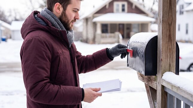 A man in a winter coat and gloves checks his mailbox on a snowy day.