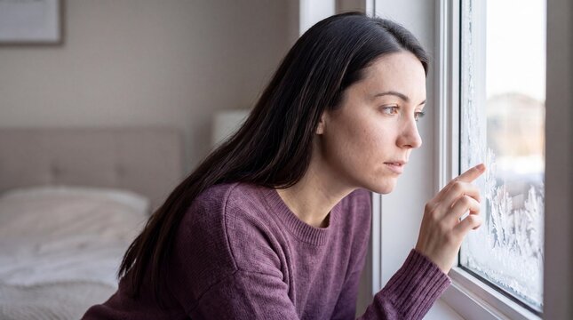 A woman looks out a frosted window, her finger tracing patterns on the cold glass, conveying a sense of introspection and isolation.