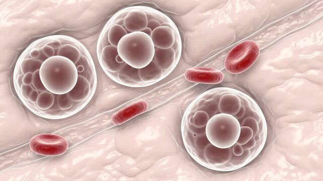 White adipose tissue containing three large adipocytes positioned beside a small blood vessel