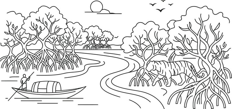 Detailed vector illustration showing a majestic tiger walking through lush mangroves near a traditional river boat