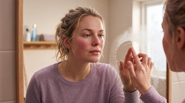 A young woman with flushed cheeks looks intently at her reflection in a steamy bathroom mirror, touching the glass with her fingers.