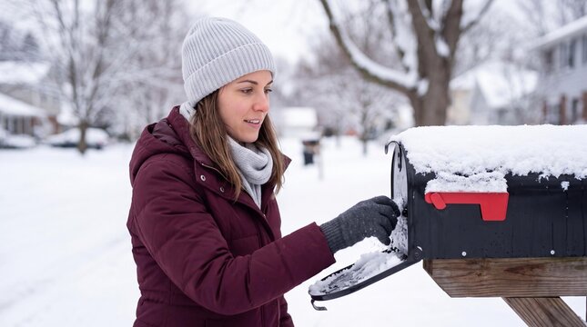 A woman in a winter hat and coat retrieves mail from a snowy mailbox on a residential street.