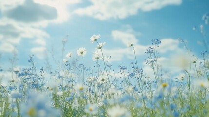Fototapeta premium Ephemeral beauty: A floral meadow bathed in sunshine under a tranquil sky
