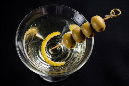 Dry vermouth cocktail in crystal glass with lemon zest, green olives on skewer. Top view of alcoholic aperitif beverage served on black background. Classic martini drink with citrus peel, snack