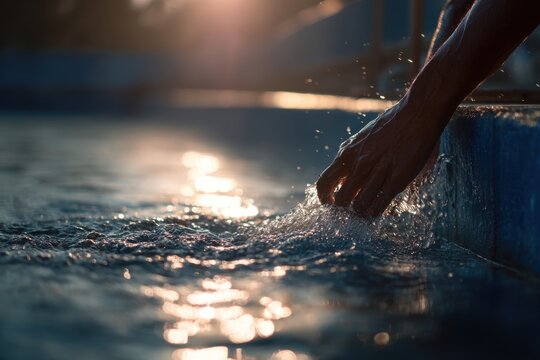 Close-up of a human hand touching water surface, creating ripples and splashes, with sunlight reflecting off the water in a serene outdoor setting
