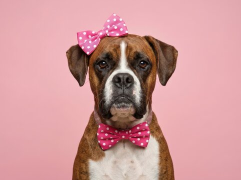 Cute Pet Style. Boxer dog wearing pink polka dot bow accessories, portrait against a solid pastel pink background, ideal for greeting cards and pet fashion themes.