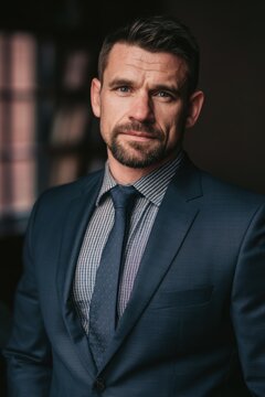 Caucasian male business professional in a dark suit and tie poses confidently against a blurred background of an office setting with soft lighting and warm tones