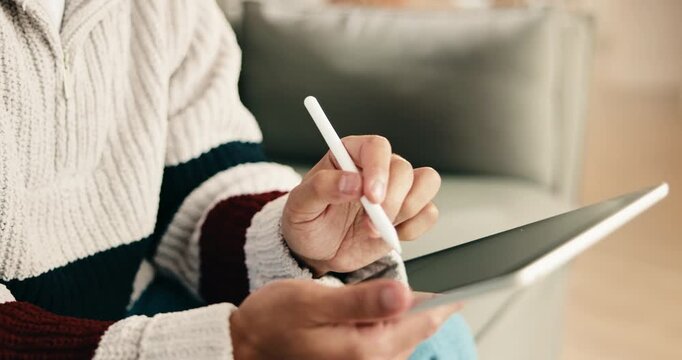 Man, hands and sketch in house with tablet, remote work and graphic designer for creative campaign. Person, stylus and tech in home with freelance job, online project or digital art for logo design