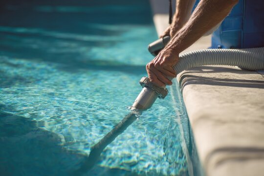 Close-up of a male technician using a vacuum hose to clean a swimming pool, with clear blue water and a concrete edge visible in the background