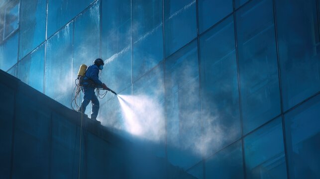Worker in blue overalls using high-pressure water spray to clean glass facade of modern building, with reflections and mist visible in the urban environment