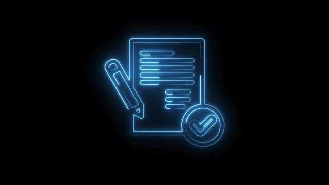 Neon outline document with pencil and checkmark glowing blue on black background abstract icon