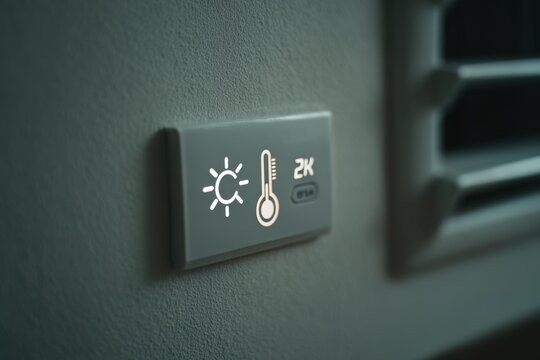 Temperature control panel with sun and thermometer icons on a gray wall next to an air vent, indicating climate settings in a modern indoor environment