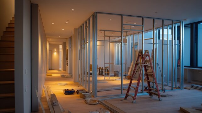Interior construction site showing metal framing for walls, wooden flooring, and a ladder positioned in a modern space with natural light illuminating the area