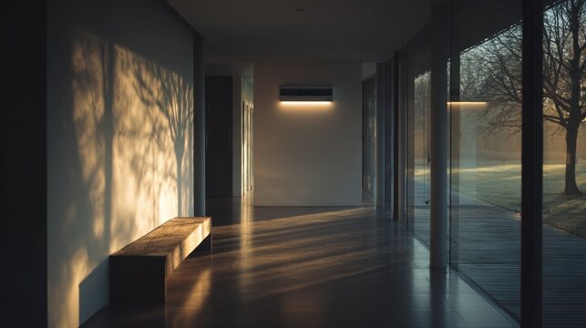 Modern interior of a minimalist home featuring a wooden bench, large windows, and soft morning light casting shadows on the floor and walls