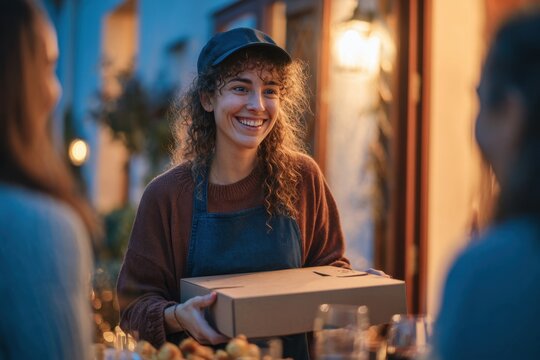 Young woman with curly hair wearing a cap and apron delivers a food package to two friends outdoors during evening, warm lighting and cozy atmosphere visible