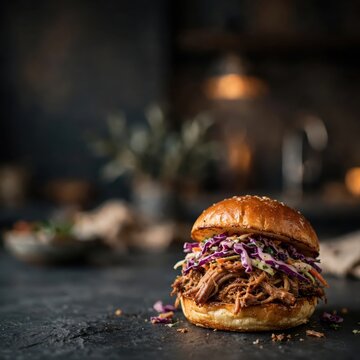 Pulled pork sandwich with red cabbage coleslaw on a rustic dark stone background, celebrating National Pulled Pork Day for restaurant menus and food blog recipe features